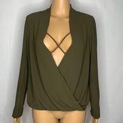 Tiger Mist Green Flowwy Blouse Deep V Faux Wrap Sm