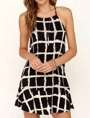 RVCA Black Cream Two Blocks Up Grid Print Mini Halter Dress