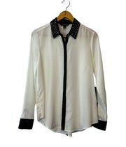 Rock & Republic Cream Blouse with Black Accents & Studded Collar—Size Medium