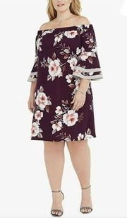 𝅺LOVE Squared midi Dress PLUS SIZE 1X Purple floral OffShoulder 3/4 sleeve