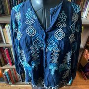 Johnny Was blue boho embroidered flowy XS cupra rayon blouse