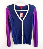 IZOD Cardigan Colorblock Knit V Neck Sweater Navy Blue Purple White Sz XS NWT