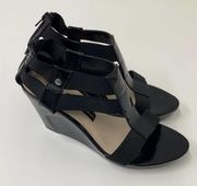 Strappy Black Heels Leather & Elastic Cutout Y2K Wedge Heels Womens 7.5