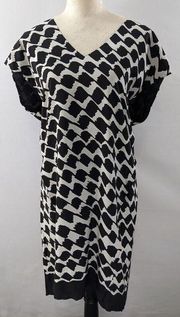 Derek Lam 10 Crosby Silk Shift Dress Black Cream Abstract Print 10 V-neck Lined