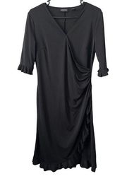 New York & Company Dress Large Black Faux Wrap Ruffle Trim Polyester V Neck