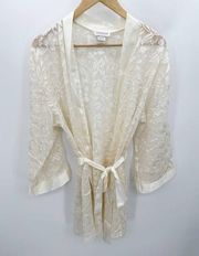 Jones New York VTG Ivory Floral Satin Long Sleeve Robe Women's Size Medium M