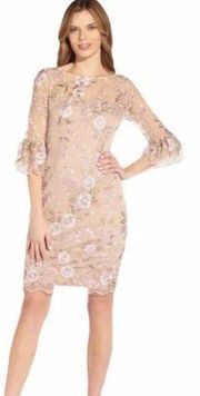 Adrianna Papell Nude Embroidered Floral Dress Sheer Bell Sleeves Size 8 Women's