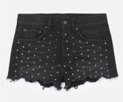 The Kooples Studded Denim  Distressed Fray Cheeky Mini Shorts Black