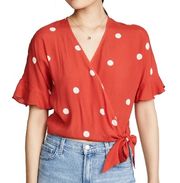 Red Cropped Wrap Top with White Polka Dots