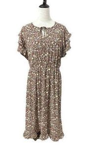 Bobeau Womens A Line Dress Brown Floral Midi Jewel Neck Short Sleeve Boho M New