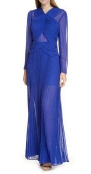 Self Portrait Cobalt Blue Cross Front Maxi Dress Pleated Sheer $550 Luxury Sz 4