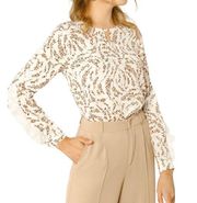 Allegra K Women's Floral Keyhole Organza Long Sleeve Ruffle Blouse Size Small