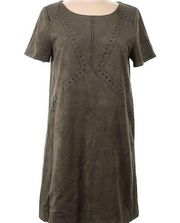 LORD & TAYLOR Women’s Olive Green Faux Suede Laser Cut Short Sleeve Shift Dress