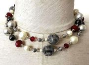 Premier Designs faux pearl red silver long necklace