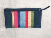 Stella & Dot Navy Blue Metallic Stripes Fold Over Clutch NEW