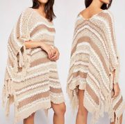 Free People Big Dipper Stripe Knit Sweater Poncho Fringe Boho Bohemian Tan Beige