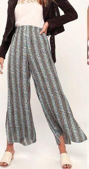 Free People Take Your Tie Off Sage Green Multi Print Wide-Leg Pants Sz Small