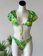 PacSun NWOT  Storm Reid  Green Yellow Tie Front checkered floral 2 PCS Swimsuit