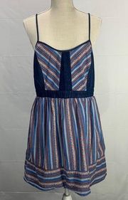 Striped Blue Denim Boho Pattern Mini Sundress Size XL