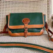Vintage  All Weather Leather Pebbled Satchel Crossbody Bag in Hunter Green/Cognac Brown