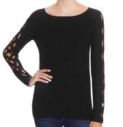 Ramy Brook Kimila Criss Cross Sleeve Sweater Ribbed Knit L Black Cashmere Blend