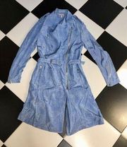 Long Zip Up Trench Coat Baby Sky Blue Patterned Pockets Y2K sz L
