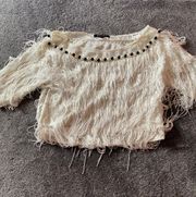 STYLE Isaiah 62:4 White/Black Beaded Fringe Blouse ( S )