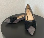 M. GEMI Grey Suede Pointed Toe with Black Bow Flats, Size 36.5 (US Size 6)