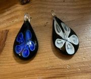 Hand blown glass pendant Blue white Lily flower tear drop design vintage 2”x 1”