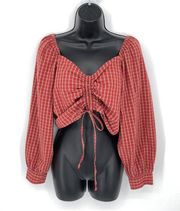 Levi's Women's NEW Ruched Long Sleeve Plaid Devin Crop Top Tie Front Size L Red