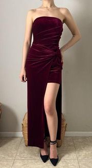 meshki burgundy maroon velvet strapless high slit maxi dress gown