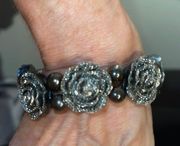 New Badgley Mischka Rosettes w Crystals & Black Pearls Stretch