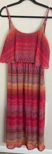 Faded Glory Printed Bright Colored Maxi Dress Size Medium Red Orange