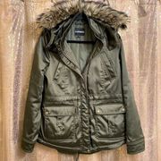 olive green faux fur hooded silky winter jacket, size M