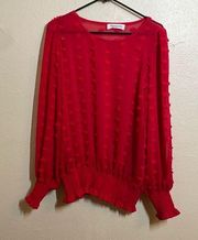 Impressions Women's Swiss Dot Blouse With Shirred Sleeve semi sheer red size L