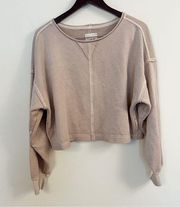 Aerie Beige Cropped Round Neck Pullover Raw Seams Cotton Blend Top Size Medium