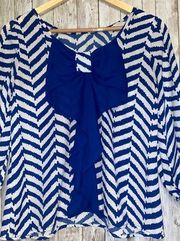 Women's My Michelle Blue & White Chevron Blouse with Large Bow Size Small