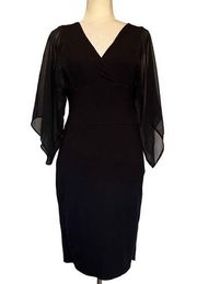 CARMEN MARC VALVO Sheer Sleeve Faux Wrap Midi Dress Size Small Black Stretch