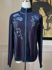 Cabela's Purple Blue Knit Embroidered Floral Zip Up Sweater S Merino Wool Blend