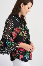 Joseph Ribkoff Black Floral Cravat Ruffle Sleeve Blouse size 12