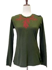 Johnny Was Embroidered Long Sleeve Boho Tee Dark Olive Red Turquoise Size Small