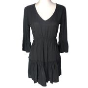 Sky & Sparrow Black Striped Tiered Ruffled 3/4 Sleeve Mini Dress