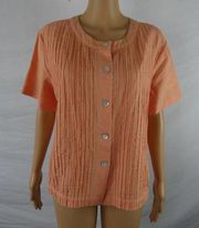 Orvis 100% Linen Button Up Blouse Short Sleeve Shirt Orange Sherbet Medium Peach