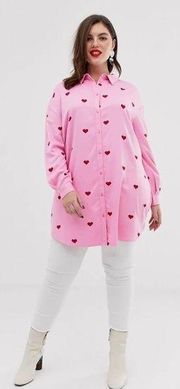 ASOS Junarose Heart Print Long Line Button Up Shirt Pink Red Size US 18