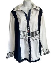 Puli White Navy Blue Button Up Blouse size XL Decorative Buttons Mixed Media