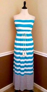 NEW Ya Los Angeles Modcloth Teal White & Gray Striped Strapless Knit Maxi Dress