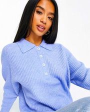 Design 00Petite Blue Sweater w Polo Neck in Rib NWOT