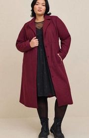 Torrid Wine Burgundy Belted Long Wool Coat Sz.3 NWT