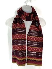 Lightweight Wool Blend Open Knit Maroon Gold Stripe Scarf Wrap Longline