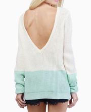 Tobi Mint Aqua Green and Cream Knit Deep V Back Sweater Women's Sz S/M